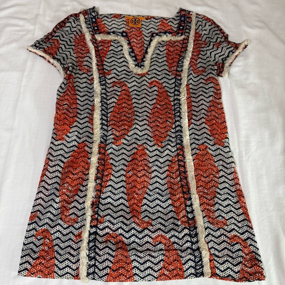 Vintage Tory Burch Blue& Orange Semi Sheer Pullover Tunic Blouse Cover Up Sz 8-3